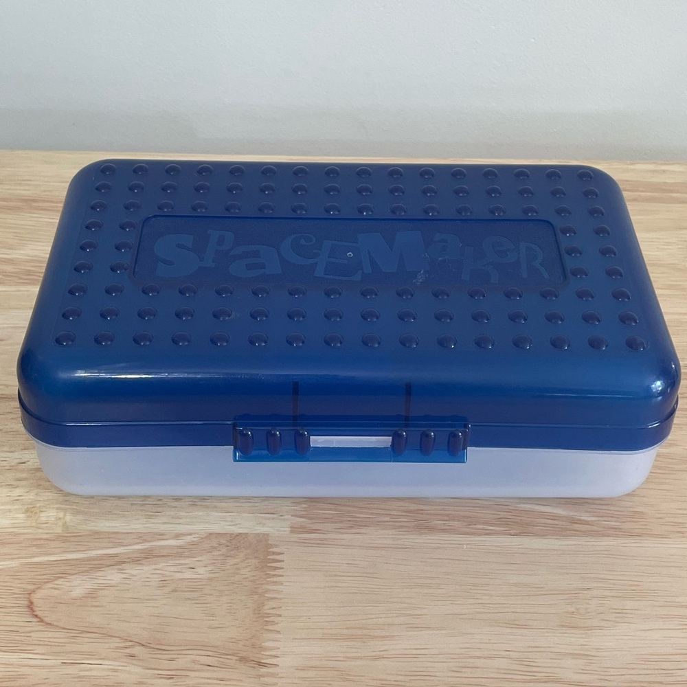 Vintage Y2K USA Spacemaker Pencil Box Blue Plastic Storage Case Pens Organizer